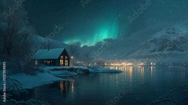 Fototapeta A house in the middle of a valley with a beautiful view of the Northern Lights at night.
