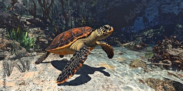 Obraz Loggerhead Sea Turtle in Kelp Forest Ocean Wildlife Marine Life