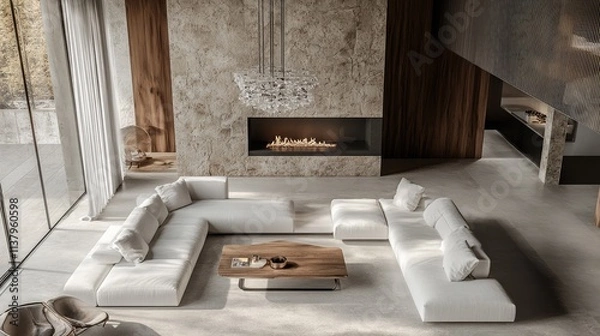 Fototapeta A spacious, minimalist luxury living room with a floor-to-ceiling stone fireplace, a large sectional sofa in white linen, and a low-profile wood and glass coffee table. 