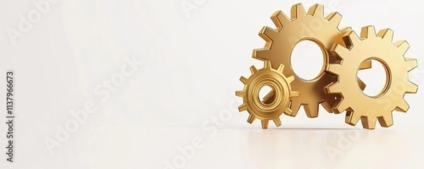 Fototapeta Three gold gears arranged on a neutral background, symbolizing engineering and mechanics.