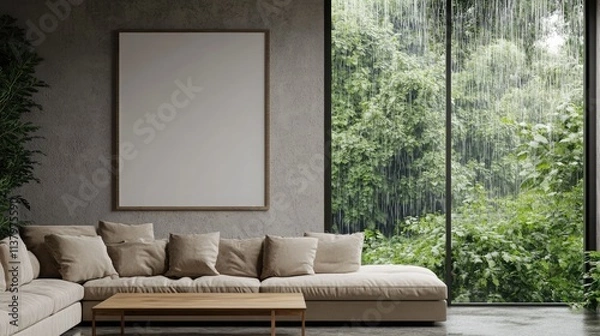 Fototapeta  A cozy living room with a blank poster on a soft gray wall, featuring a plush beige sofa and a wooden coffee table. Large windows display a rainy view of lush green trees outside.