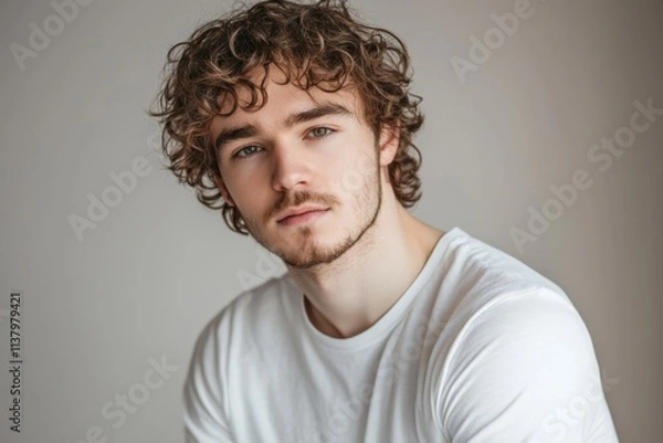Obraz Young man with curly hair wearing a white shirt poses thoughtfully in a neutral-toned setting