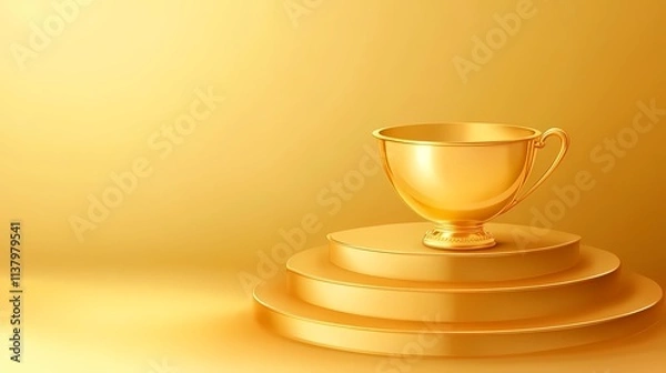 Obraz A gleaming golden trophy cup displayed on a layered golden pedestal, symbolizing achievement and excellence.