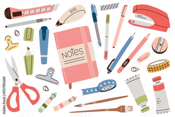 Fototapeta Vector illustration of stationery, set of notebooks, scissors, pens, pencils, markers doodles, stapler, tape, and brushes. Flat cartoon style, perfect for school, office, art, and organization themes