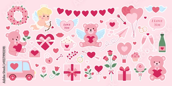 Fototapeta A collection of Valentine's Day themed stickers and images. There are many hearts, a teddy bear, a truck, a cupcake, and a balloon