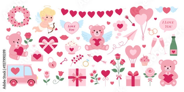 Fototapeta A collection of Valentine's Day themed images including a teddy bear, a cupcake, a car, a rose, a heart, and a balloon