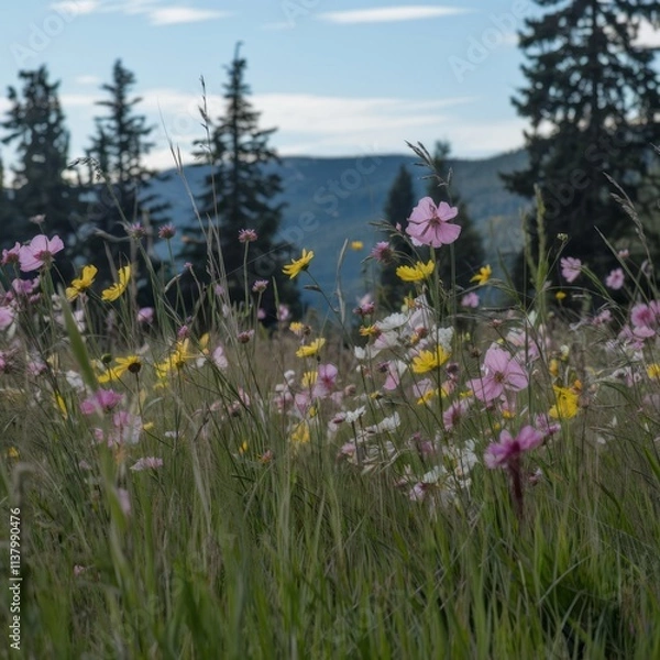 Fototapeta bright and cheerful watercolor scene of a blooming meadow in spring, with wildflowers and distant rolling hills