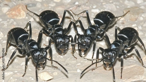 Fototapeta Close-up of four black ants facing each other on a textured surface.