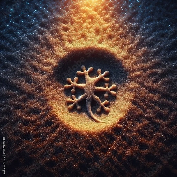 Fototapeta Gecko footprint in sand resembling a tiny pointed star showcasin