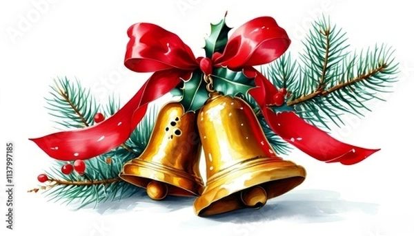 Fototapeta Christmas golden cockle bells with a red ribbon on a fir branch on a white background