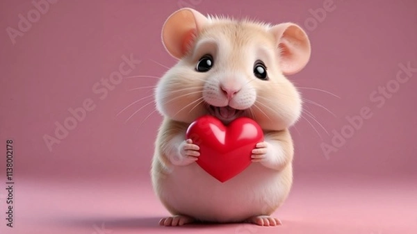 Fototapeta Hamster with red heart in 3d style. Romantic background for Valentines day. AI Generated.
