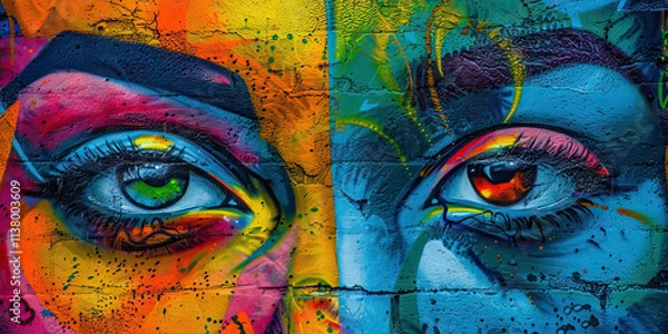 Fototapeta Graffiti Mural of Two Eyes on Brick Wall