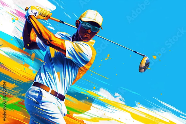 Fototapeta Abstract illustration of a golfer in action with full of energy against a vibrant color. Concept illustration.

