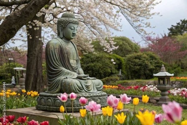 Fototapeta Buddha statue with a flowers