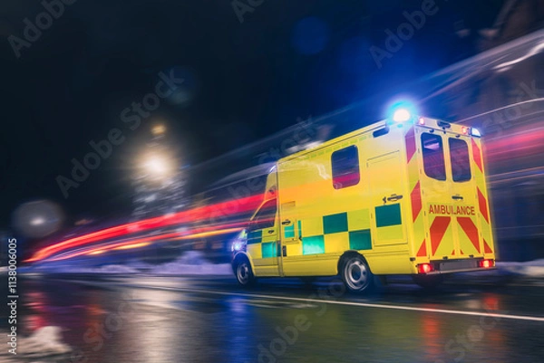 Obraz Ambulance car of emergency medical service in blurred motion on road at night. Themes health care, rescue, accidents and disasters..