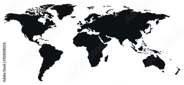 Fototapeta Vector big world black silhouette map on white background. World map template with continents. Simple detailed silhouette map