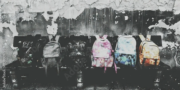 Obraz Five Backpacks on Bench Against Weathered Wall