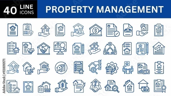 Fototapeta property management Line Editable Icons set. property, buying, selling, management, renting, house, home. Outline icon collection. Editable stroke. Vector illustration. 