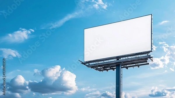 Fototapeta A blank billboard stands against a vibrant blue sky with fluffy white clouds, symbolizing creativity and advertising potential.