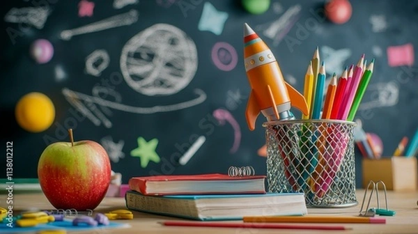 Fototapeta Imaginative Back-to-School Scene with Rocket and Space-Themed Chalkboard