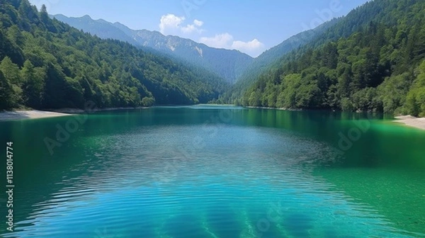 Fototapeta Stunning view of the mountains surrounded by lush green trees reflecting in a lake