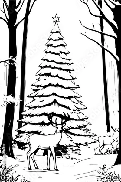 Obraz deer in the forest near the Christmas tree

