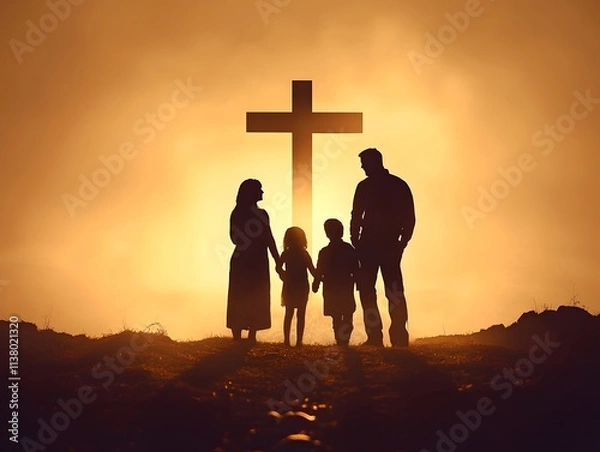 Fototapeta Family silhouette with a cross representing religious devotion and spirituality AI generated