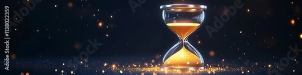 Obraz A glowing 3D hourglass with metallic silver accents and sparkling golden sand isolated on a midnight navy background