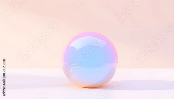 Fototapeta 3D render of a translucent bubble icon, with a soft iridescent sheen, placed on a smooth white surface, casting a delicate shadow create with ai