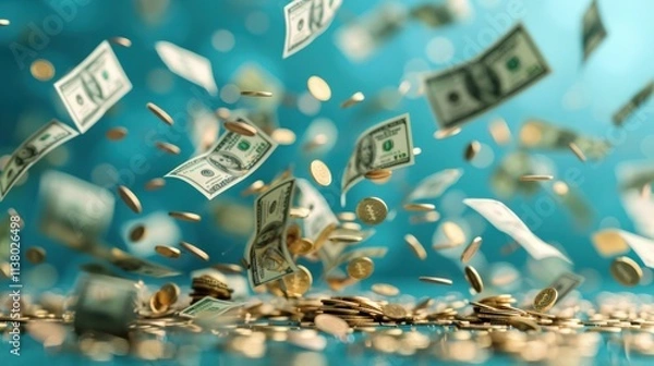 Fototapeta money saving concept, Bundles cash and floating coin isolate on blue background