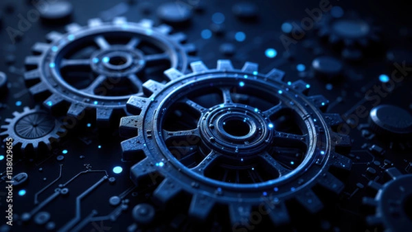 Obraz Precision-engineered gears and microcircuits interlocked, symbolizing seamless integration of technology systems such as CI/CD, DevOps, Kubernetes, Docker.