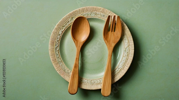 Obraz Top view of reusable wooden bamboo spoon and fork on a plate, eco-friendly and natural cutlery. Perfect disposable set for sustainable dining, set against a light green background.