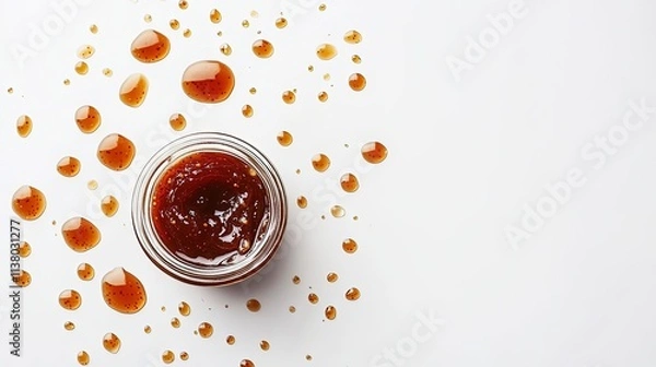Fototapeta Small jar of jam surrounded by sauce droplets on white background.
