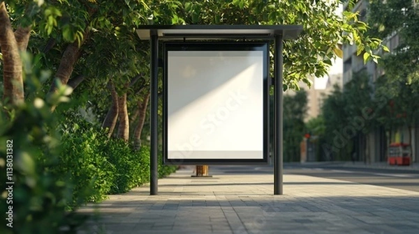 Fototapeta A modern bus stop shelter surrounded by lush greenery in an urban setting.