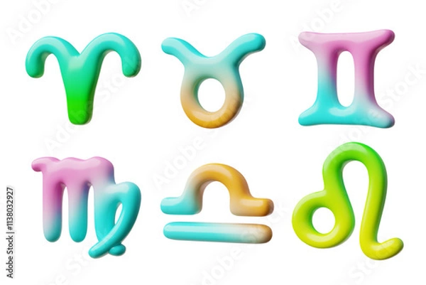 Fototapeta 3d illustration of a set of cartoon zodiac signs with a multicolored gradient texture.