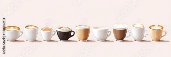 Fototapeta A set of coffee cups arranged in a row with different types of coffee: espresso, cappuccino, and latte