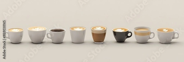 Fototapeta A set of coffee cups arranged in a row with different types of coffee: espresso, cappuccino, and latte