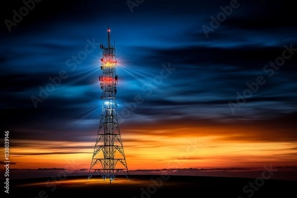Fototapeta Vivid sunset landscape highlighting a communication tower illuminated against a dramatic sky