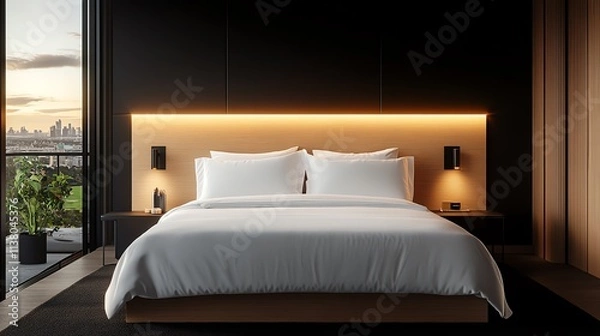 Fototapeta Modern bedroom with sleek design and lighting.
