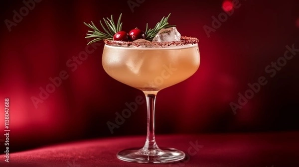 Fototapeta A photo of a Moscato spritz cocktail with ice, cranberry, and rosemary garnish in a glass on a dark red background. 