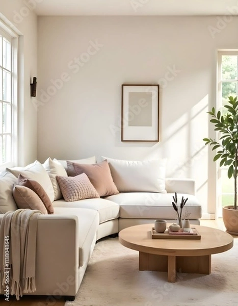 Fototapeta A cozy and minimalist living room with a large beige sectional sofa, a wooden coffee table, and decorative elements like feathers and plants.