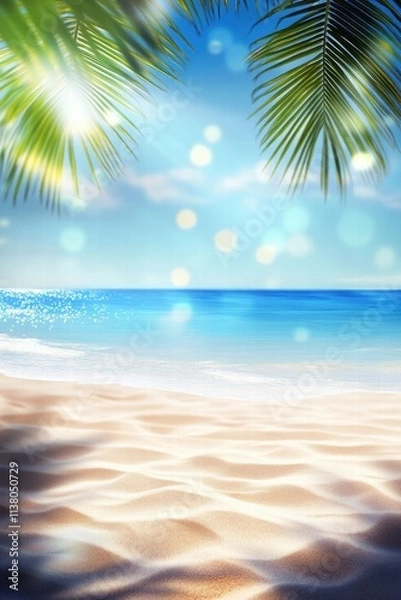 Fototapeta A serene beach scene with gentle waves, soft sand, and lush palm leaves under a bright blue sky.