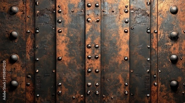 Fototapeta Rusty metal background with painted texture and rivets perfect for industrial design and vintage themes in art and photography.
