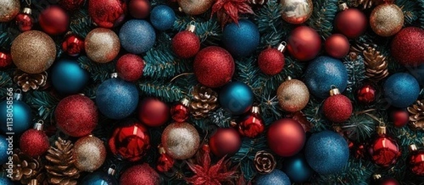 Fototapeta Elegant Christmas baubles in red, blue, and gold arranged with pinecones and festive greenery for a cheerful holiday background.