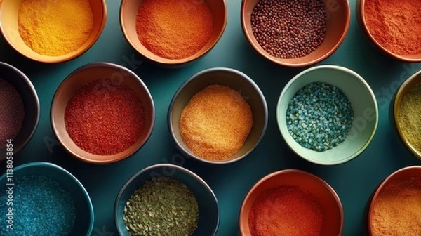 Fototapeta Vibrant spices in colorful ceramic bowls arranged on blue background showcasing a variety of textures and rich natural colors