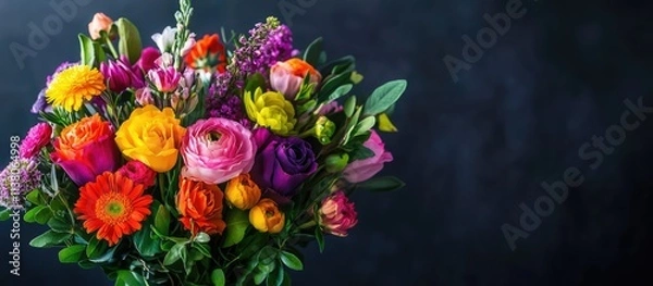 Fototapeta Vibrant flower bouquet showcasing a variety of colors and textures against a dark background with selective focus on floral details.