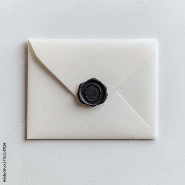 Obraz Elegant white envelope with black wax seal, perfect for invitations or special messages. crisp edges and smooth surface enhance its sophisticated appearance
