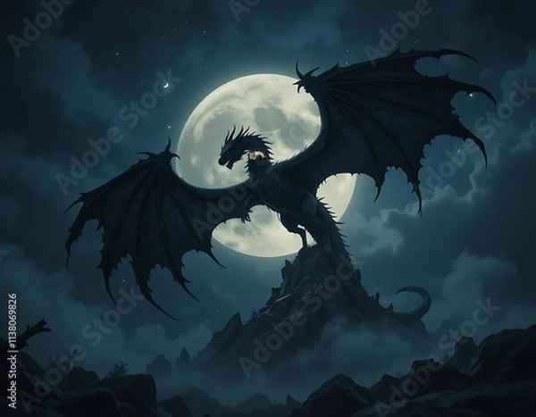 Obraz A shadowy dragon flying across a full moon