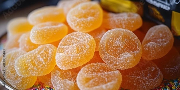 Fototapeta A close-up of orange gummy candies coated in sugar, arranged on a colorful plate.
