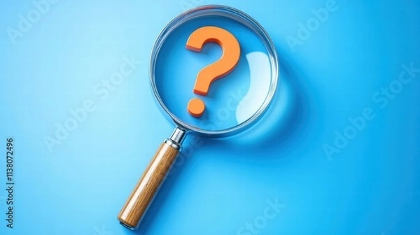 Fototapeta A magnifying glass focusing on a bright orange question mark against a vibrant blue background, symbolizing inquiry.